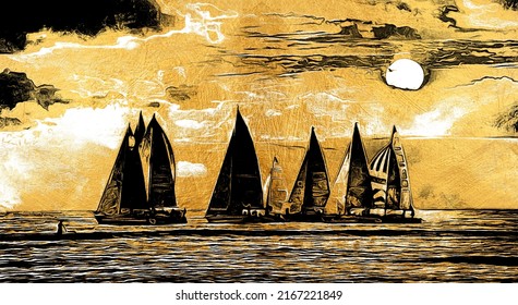 modern painting of golden sunset seascape. The texture of the oriental style of gray and gold canvas with an abstract pattern. artist collection of animal painting for decoration and interior, boat