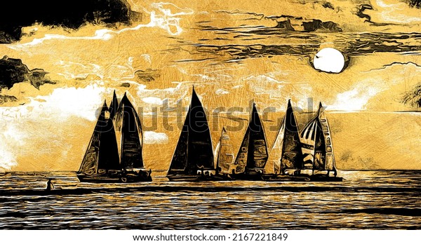 modern painting of golden sunset seascape. The texture of the oriental style of gray and gold canvas with an abstract pattern. artist collection of animal painting for decoration and interior, boat