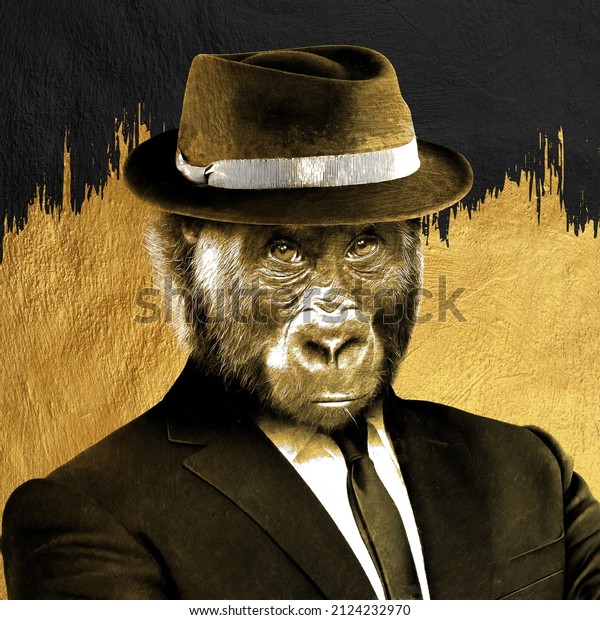 modern painting of monkey in a suit. The texture of\
the oriental style of gray and gold canvas with an abstract\
pattern. artist collection of animal painting for decoration and\
interior, canvas\
art.