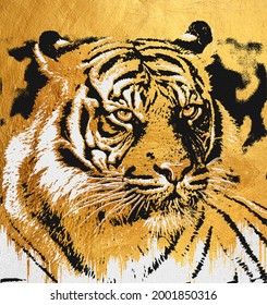 modern painting of tiger face. The texture of the oriental style of gray and gold canvas with an abstract pattern. artist collection of animal painting for decoration and interior, canvas art.