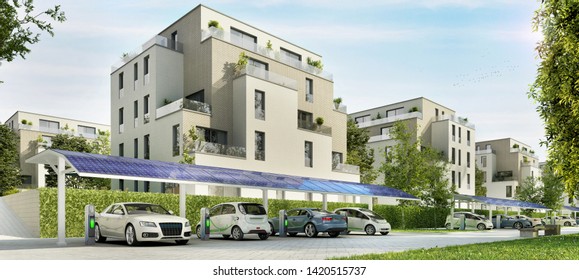 Modern parking for electric cars near beautiful residential buildings. 3d rendering