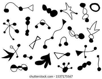 modern pattern with different geometric shapes. joan miro style illustration. set of different shapes, dots, lines.