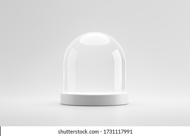 Modern Pedestal Or Podium Stand On Blank Product Background With Dome Glass Concept. Modern Display On Studio Platform Template. 3D Rendering.