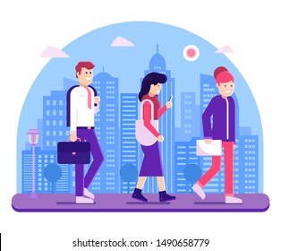 Modern people go to work on urban skyline background. Office team girl worker, manager and business man walking on downtown. Concept vector banner illustration. - Powered by Shutterstock