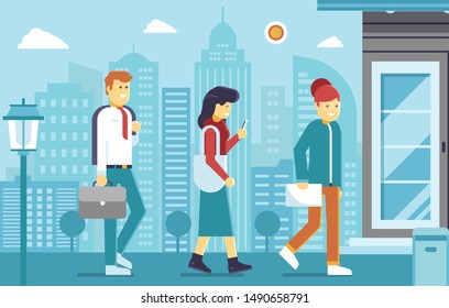 Modern people go to work on urban skyline background. Office team girl worker, manager and business man walking on downtown. Concept vector banner illustration. - Powered by Shutterstock