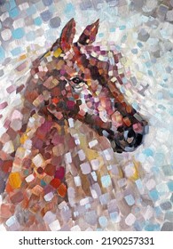 A Modern Picture. Oil Painting On Canvas. Horse In Pointillism Style. Horse Design. 