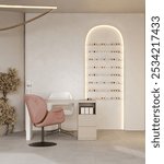 Modern pink beauty salon, manicure studio design, fashion glamour style hair salon, 3d rendering