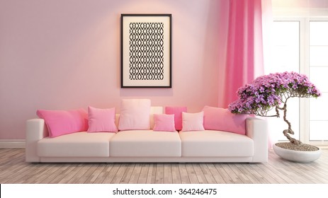 modern pink interior design with pink seat and bonsai tree 3d rendering by sedat seven
