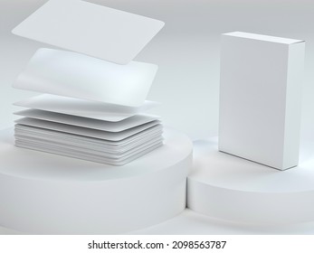 Modern Playing Cards Mock Up. 3d Rendering White Scene With Podium And Paper Corporate Cards. Developing. Soaring Deck. Levitating Cards. Card Box Mockup. Packaging Business Cards. Close Up