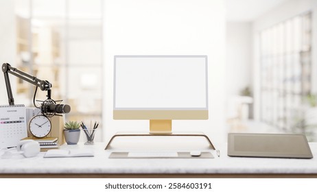 A modern podcaster office features a computer with a white screen mockup, a graphic tablet, a microphone, and decorative items on a desk. 3d render, 3d illustration