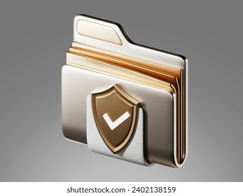 Modern private folder, safe confidential information, data storage, computer folder. Data security concept. 3d illustration. Gold metal texture