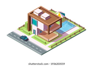 Modern Private House. Luxury Building Residential Exterior With Grass Car Pool Isometric Home Low Poly