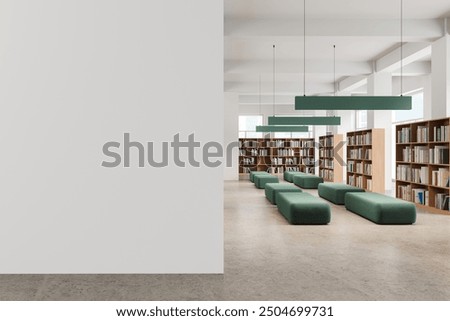 Modern public library interior featuring a blank wall on the left, shelves filled with books, and green benches. 3D Rendering