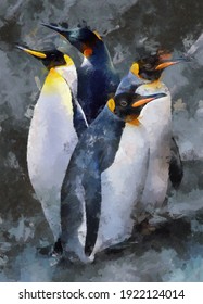 Modern Realistic Oil Painting Of Cute  Penguin Family On Black Abstract Background , Artist Collection Of Animal Painting For Decoration And Interior, Canvas Art, Abstract, Illustration