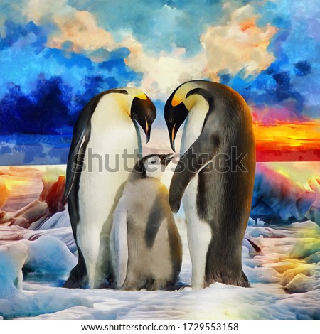 modern realistic oil painting of cute colorful Penguin family in sunset Arctic Ocean , artist collection of animal painting for decoration and interior, canvas art, abstract, illustration