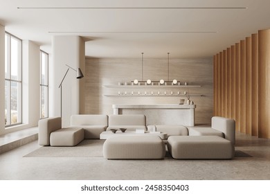 A modern reception area in a spa or clinic with couches, a concrete desk, wooden panels, well-lit, conceptualizing luxury and comfort, 3D Rendering - Powered by Shutterstock