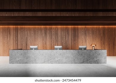 Modern reception desk with computers, stylish interior with wood paneling, stone desk, and a lamp, contemporary office environment.  3D Rendering