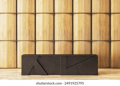 Modern reception desk in an empty office lobby with wooden panel walls and a sleek, minimalist design. Light-toned flooring and wall background. Corporate branding idea. 3D Rendering.