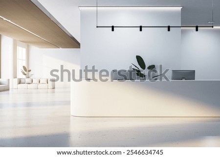 A modern reception desk with two computers, set in a spacious, minimalistic interior, featuring light decor and large windows. Business concept. 3D Rendering