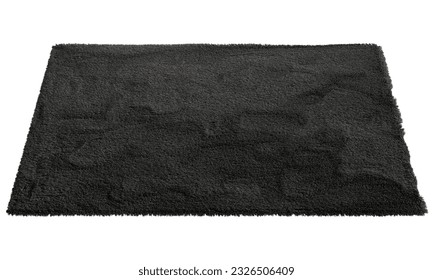 Modern rectangular black throw rug with high pile on white background. 3d render
