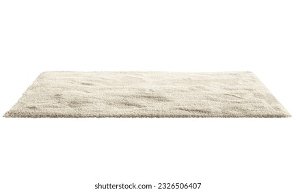 Modern rectangular light beige throw rug with high pile on white background. 3d render