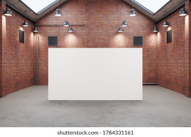 Modern Red Brick Warehouse Interior With Blank Poster. Design And Style Concept. Mock Up, 3D Rendering