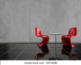 Modern Red Chairs On A Shiny Black Stone Floor