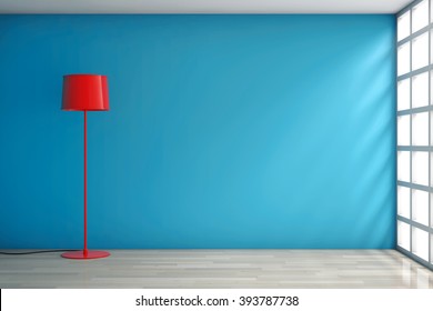 Modern Red Lamp Against A Blank Blue Wall In Room