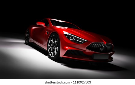 Modern red sports car in a spotlight on a black background. Front view. 3D render. Luxury cars.