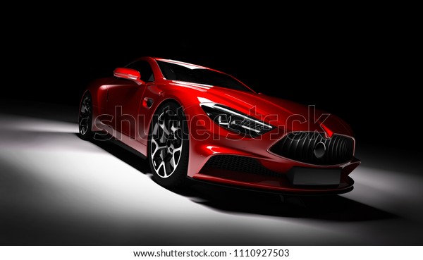 现代红色跑车在一个聚光灯下的黑色背景 前视图 3d 渲染 豪华轿车 库存插图
