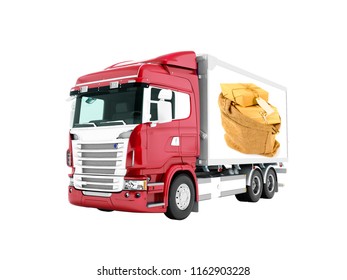 Modern Red Truck With Trailer With White Insets For Mail Transport 3D Render On White Background No Shadow