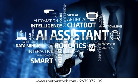 A modern representation of an AI assistant featuring key terms like chatbot, robotics, and automation highlighting advancements in technology and innovation. Tessel