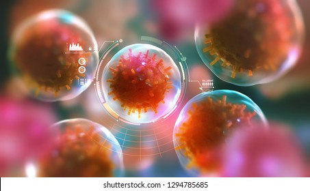 Modern research in microbiology. Study of viruses, microbes and bacteria. 3D illustration on the topic of future medicine