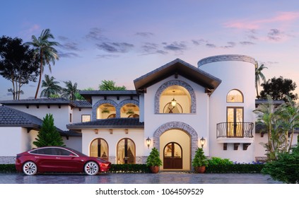 Modern residential building in oriental style. Eastern architecture. Eastern private house. Electro car and private villa. Arabian design. Eastern residence. 3d illustration