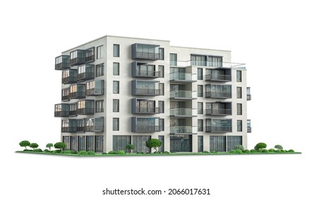 Modern Residential Building At The White Background. 3d Illustration