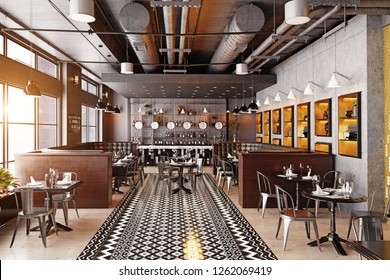 Modern Restaurant Interior Design. 3d Rendering Concept