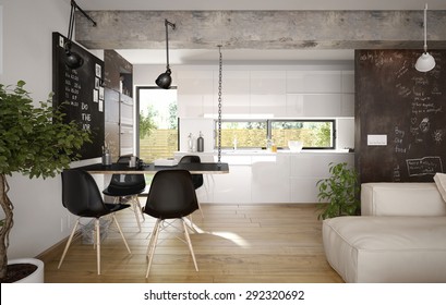 Modern And Retro Dining Room And Kitchen Interior (3 D Render Using 3 D S Max)