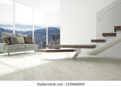 Modern Room With Beautiful Montain Background, Stairs,sofa With Pillows Interior Design. 3D Illustration