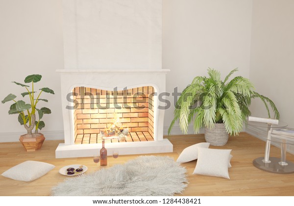Modern Room Fireplacecarpetpillows Plants Interior Design