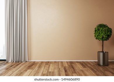 Modern room interior with curtains, decorative plant and empty orange wall. Mock up, 3D Rendering 