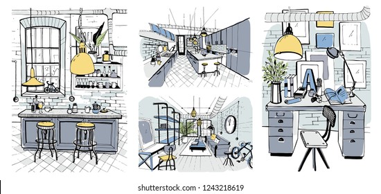 Modern room interiors in loft style, Set of hand drawn colorful illustration.