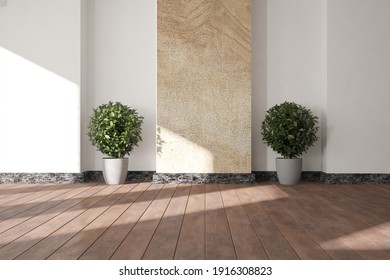 Modern Room With Marble Plinth,plants In Pots And Wooden Wall Interior Design. 3D Illustration