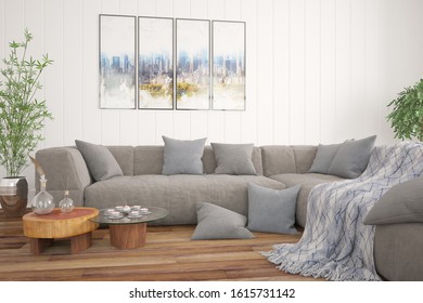modern room with sofa,pillows,plaid,table,tea set,vases,plants and pictures interior design. 3D illustration - Shutterstock ID 1615731142