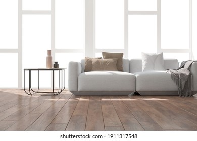 modern room with sofa,pillows,plaid,table,vases interior design. 3D illustration