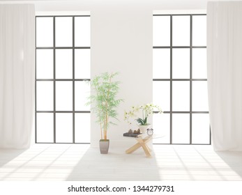 Modern room with table,book,clock and flwoers in vases interior design. 3D illustration