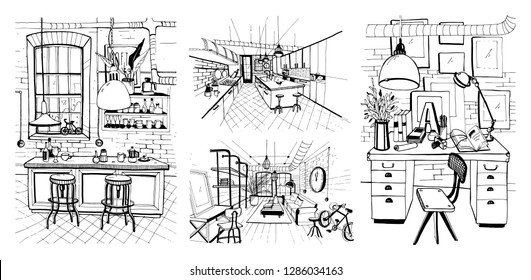 Modern rooms interiors in loft style, Set of hand drawn sketch illustration.