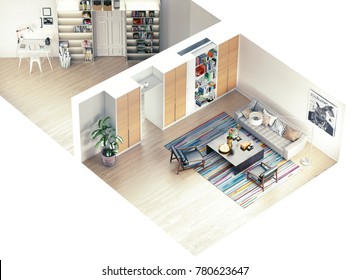 Modern Rooms Isometric View. 3D Rendering