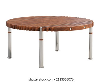 Modern Round Coffee Table With Wood Slats And Steel Tube Base On White Background. Chromium Base And Round Wooden Table Top. Mid-century, Chalet, Scandinavian. 3d Render