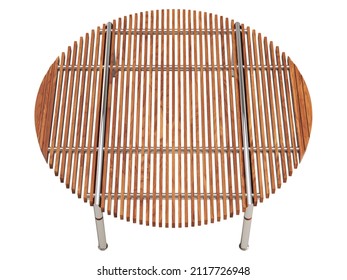 Modern Round Coffee Table With Wood Slats And Steel Tube Base On White Background. Chromium Base And Round Wooden Table Top. Mid-century, Chalet, Scandinavian. 3d Render