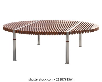 Modern Round Coffee Table With Wood Slats And Steel Tube Base On White Background. Chromium Base And Round Wooden Table Top. Mid-century, Chalet, Scandinavian. 3d Render